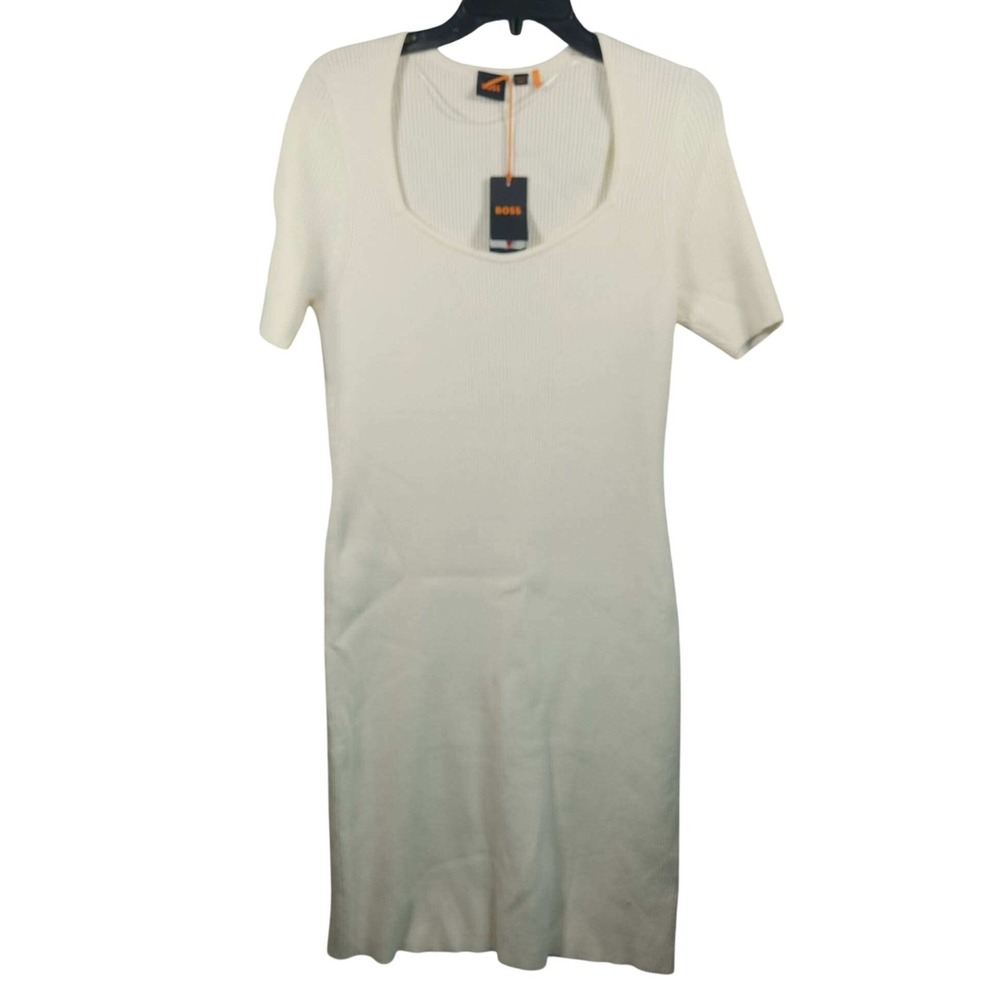 BOSS Knit Dress Cream Ribbed Scoop Neck Short Sleeve Women XXL